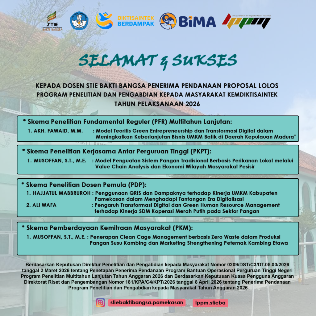 Informasi penerima pendanaan lima proposal hibah dosen STIE Bakti Bangsa Tahun 2026.