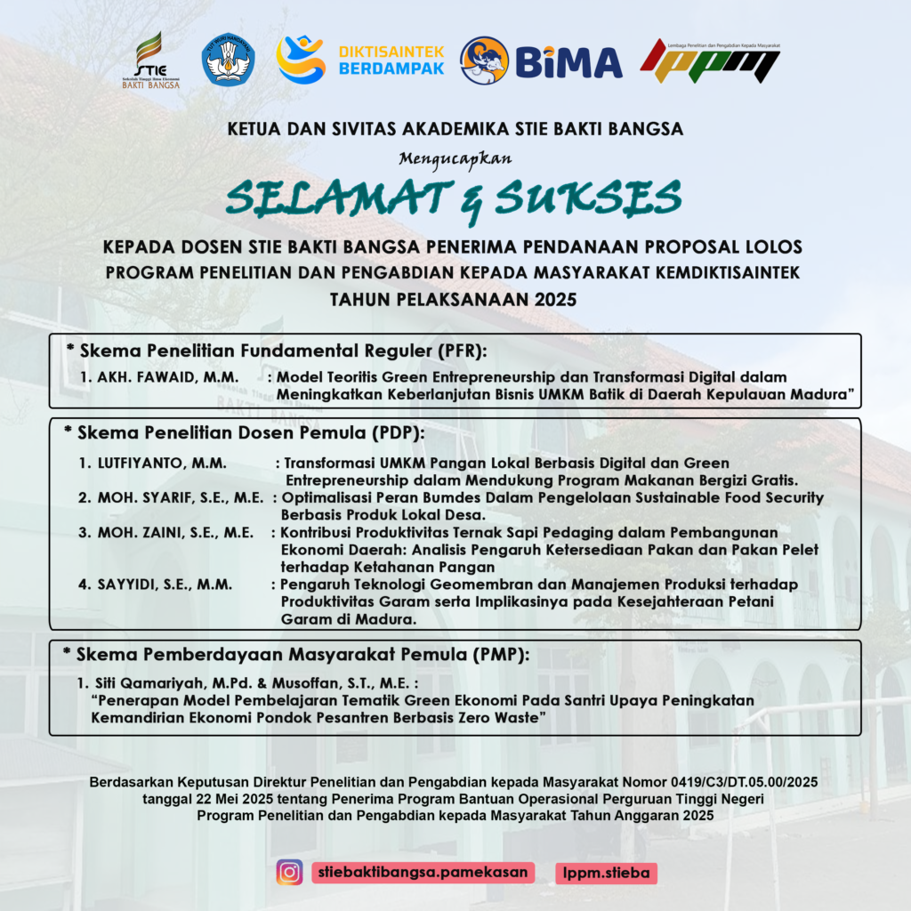 Informasi penerima pendanaan lima proposal hibah dosen STIE Bakti Bangsa dari DPPM Dirjen Risbang Kemdiktisaintek Tahun 2025.